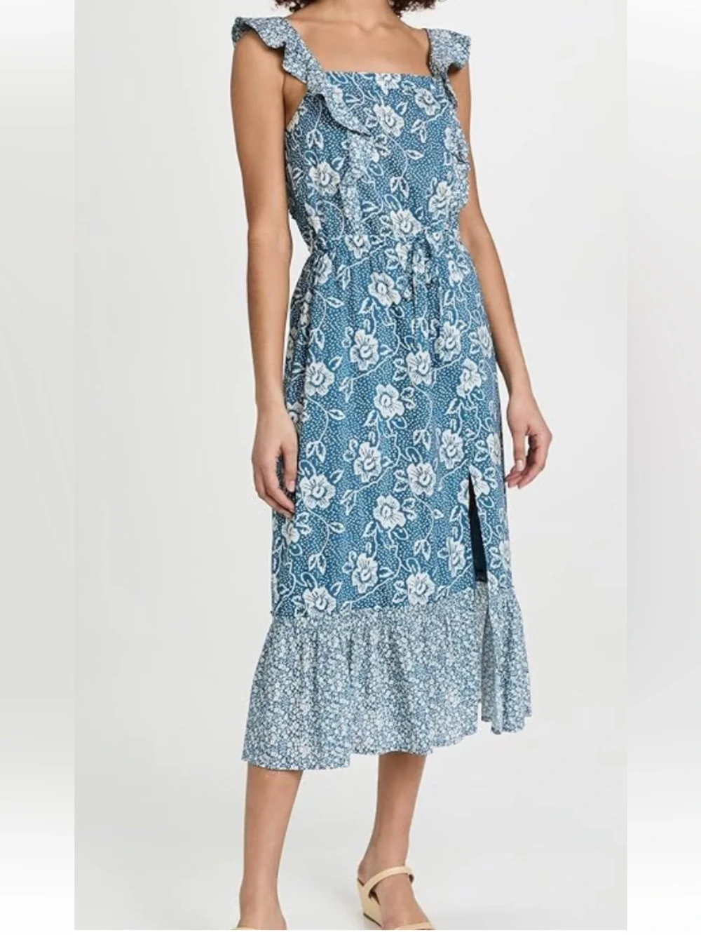 PAIGE Blue and White Floral Maxi Dress with Ruffle Hem Sz S